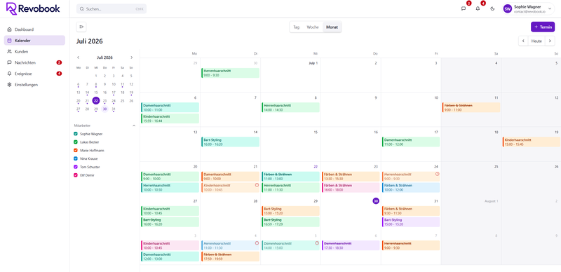 Revobook-Kalender in der Monatsansicht mit den Terminen eines ganzen Monats