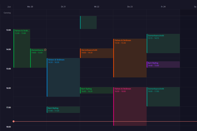 Revobook-Kalender in der Wochenansicht mit farbigen Terminen mehrerer Mitarbeiter
