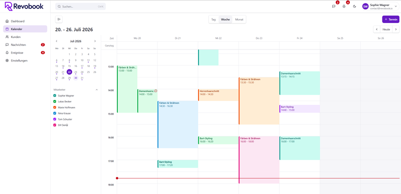 Revobook-Kalender in der Wochenansicht mit Terminen mehrerer Mitarbeiter