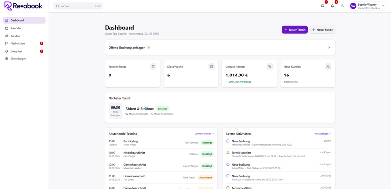 Revobook-Dashboard mit Terminen, Umsatz und offenen Buchungsanfragen