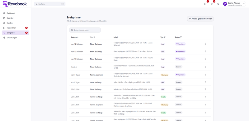 Revobook-Ereignisliste mit neuen Buchungen, Stornierungen und Bestätigungen