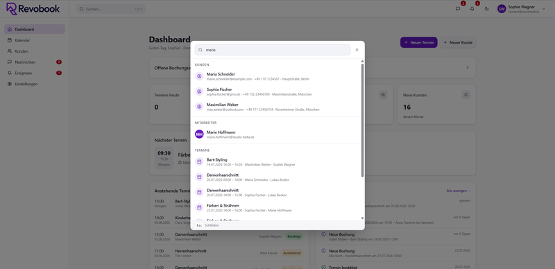 Globale Suche in Revobook mit Treffern aus Kunden, Terminen und Leistungen