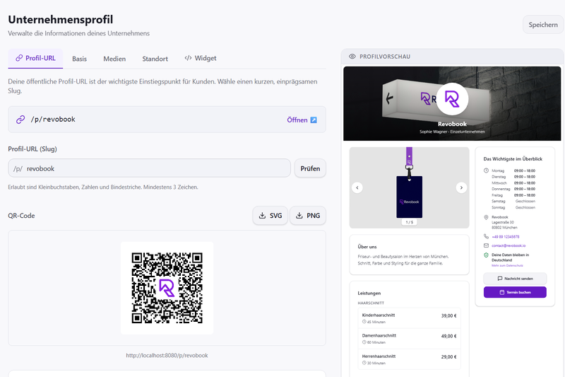 Revobook-Einstellungen mit Profil-URL, QR-Code und Vorschau des öffentlichen Profils