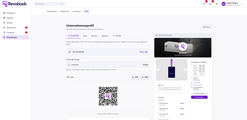 Revobook-Einstellungen mit Profil-URL, QR-Code und Vorschau des öffentlichen Profils