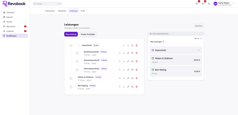 Revobook-Leistungskatalog mit Dauer, Preisen und Kategorien